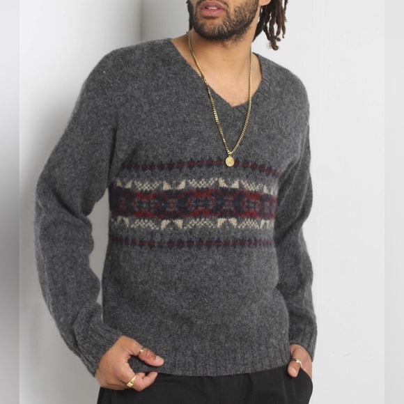 Vintage Fair Isle Wool Sweater XXL Eddie Bauer 90s V Neck Grandpa Pullover - Picture 2 of 12